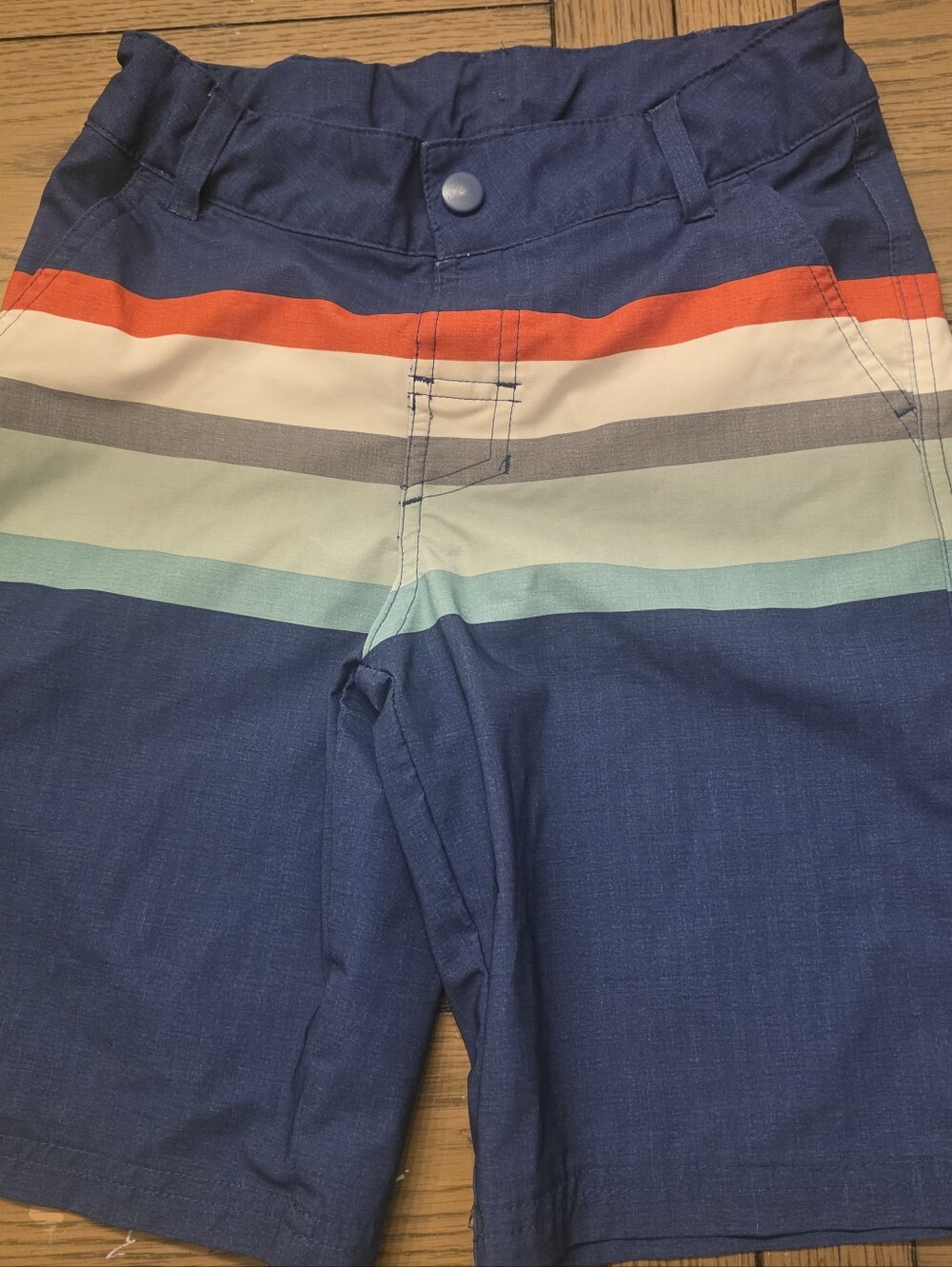 Boys Size 12 Navy Stripe Swim Trunks with Multicolor Bands